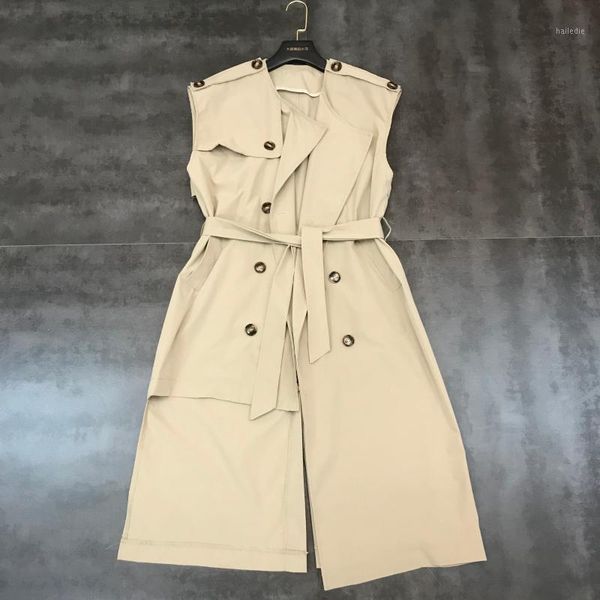 

2020 autumn new fashion double-breasted tie with sleeveless solid color long windbreaker vest female tide1, Tan;black