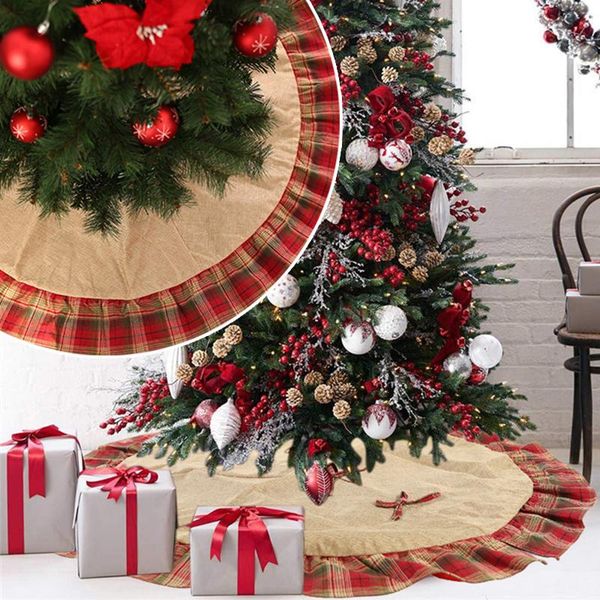

new year 2021 decor christmas tree skirt plaid trim 120cm xmas tree skirts cover floor mats round carpet christmas decorations