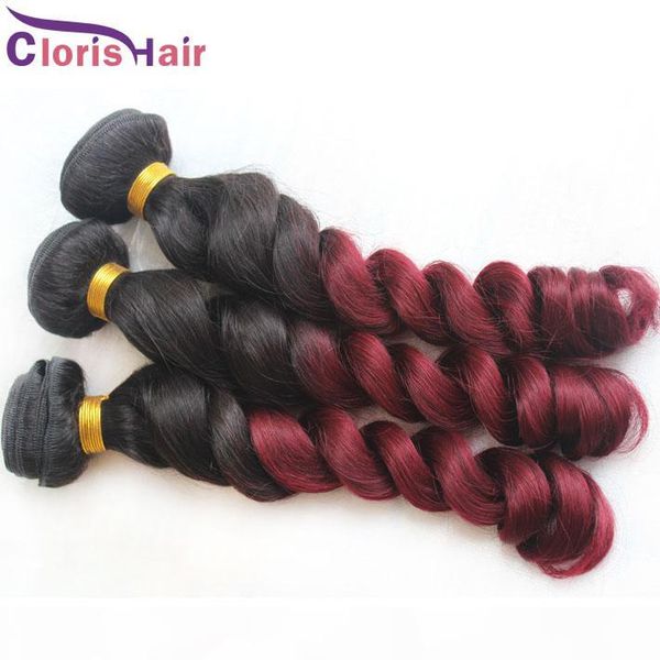

burgundy weave ombre brazilian hair loose wave human hair 3 bundles two tone 1b 99j curly ombre hair extensions for sale, Black