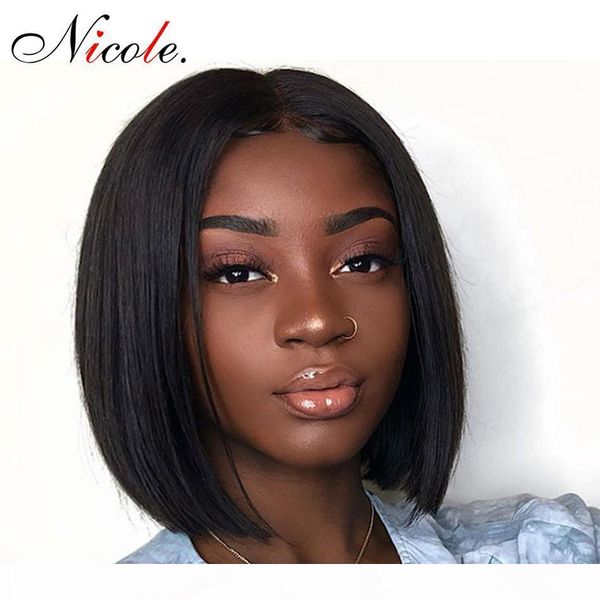 

nicole 4x4 lace closure wig peruvian straight bob wig glueless 100% human hair wigs for black women 150% non remy hair wig, Black;brown