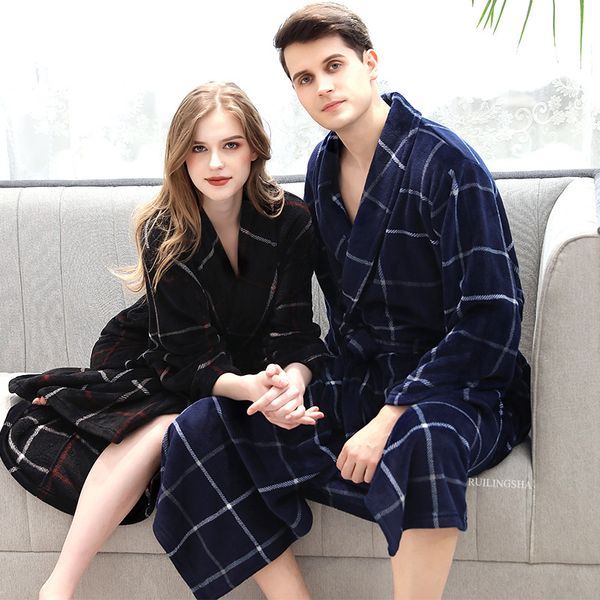 

men winter plaid plus size long coral fleece bathrobe 40-130kg warm flannel bath robe kimono robes dressing gown night sleepwear 201109, Black;brown