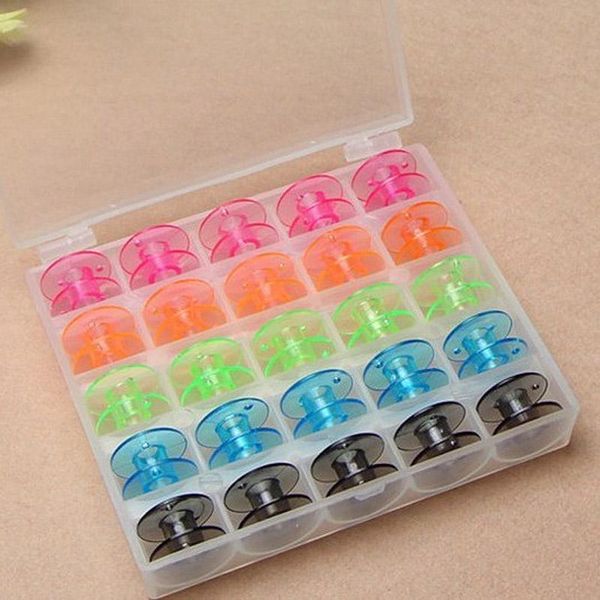 

transparent sewing machine storage box and 25 pcs/set multicolor plastic coil bobbins shuttle kit diy apparel sewing accessories, Black