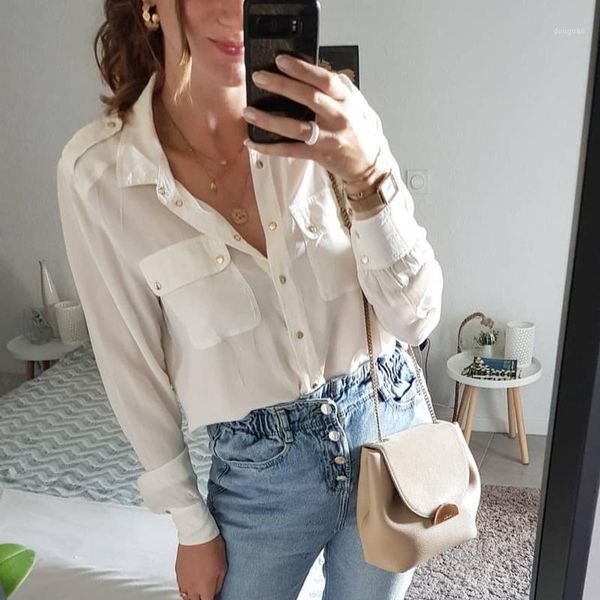 

chic silk shirt women summer 2020 casual long sleeve button up pockets elegant blouse office lady women shirts autumn1, White