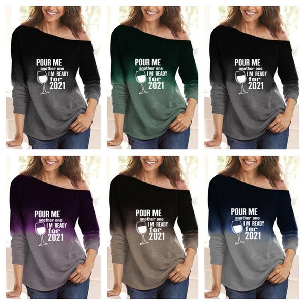 

women fashion long sleeve t-shirt letters wine cup printed pullovers pour me another one casual shoulder shirts blouse hoodies g10403, White