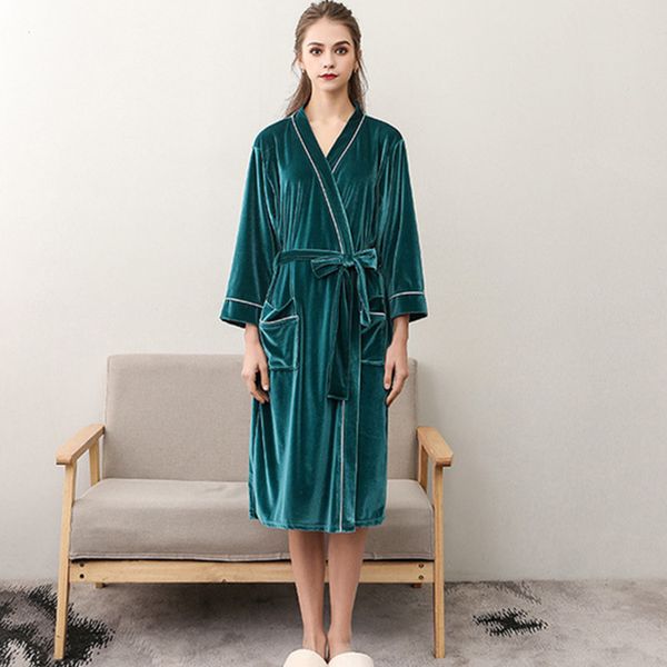 

2021 new women's bathrobe spring homewear three sleeve gold velvet kimono pockets solid sleepwear plus size nightgown for ladies vbhn, Black;red