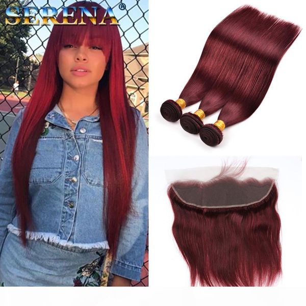

color 99j red wine brazilian straight human hair weaves 4pcs lot 10-30inch long burgundy color brazilian hair extension with frontal, Black;brown