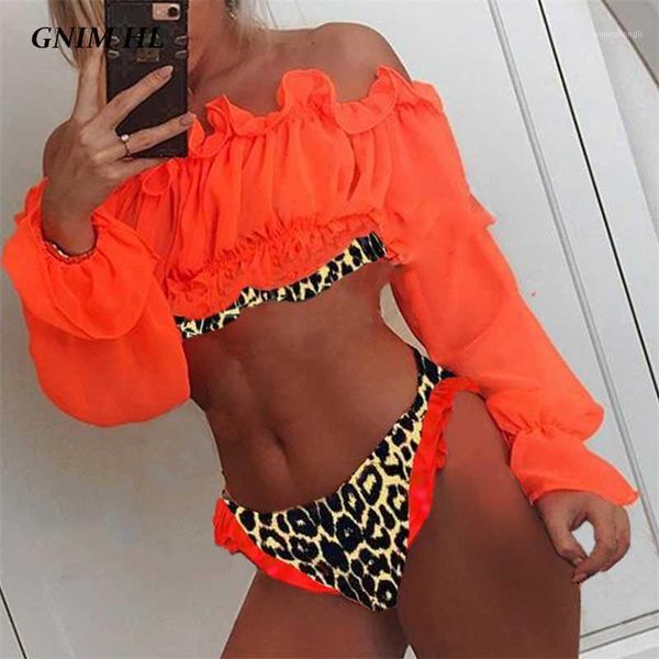 

bikinis set leopard swimsuit women chiffon mesh long sleeve bikini swimwear 2021 off shoulder summer bathing suit brazilian biquini set