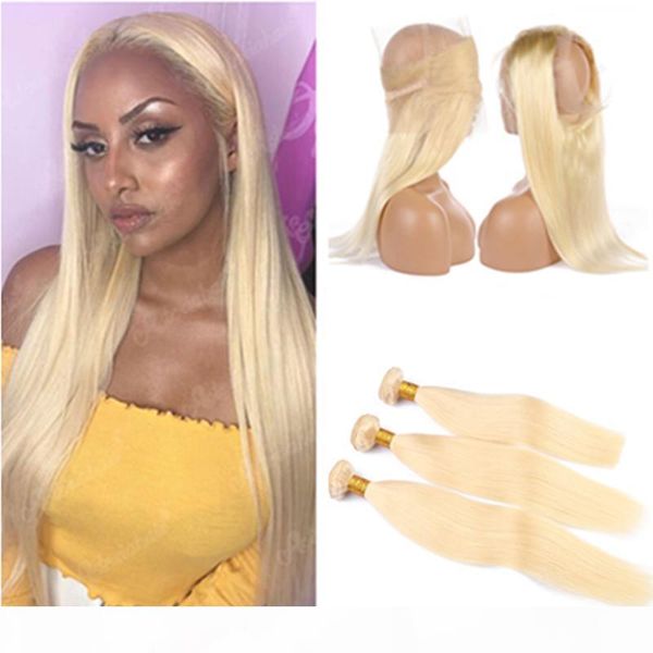 

bleach blonde peruvian human hair extensions straight virgin hair weave bundles with 360 lace frontal pure 613 blonde 360 lace closure, Black;brown