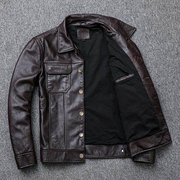 

american cowboy vintage genuine cow jackets men brown single breasted slim cowskin real leather coats motorcycle biker, Black