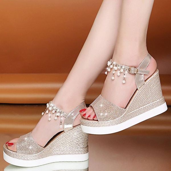 

sandals women's shoes fashion wedge heel pearl diamond one buckle strap open toe casual c585, Black