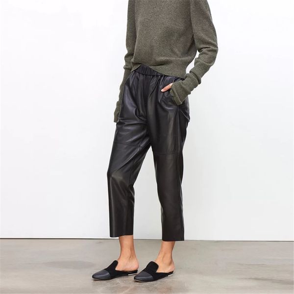 

women pnats real leather pants women leather trousers high waist harem pants plus size new elastic waist streetwear pants 201104, Black;white