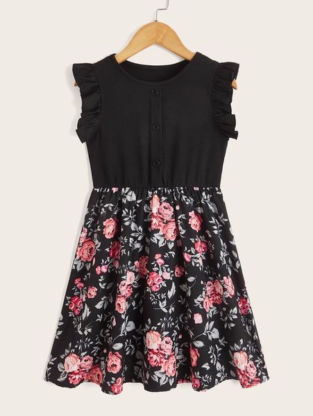 

toddler girls floral print frill trim fake button dress she01, Red;yellow