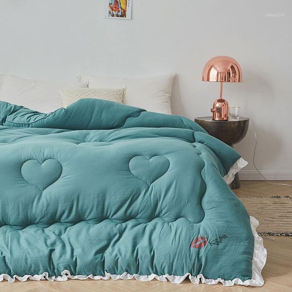 

2021 new ruffles comforter washed cotton thicken duvets soft winter quilts 200*230cm green home bed heart cover bedding princess1