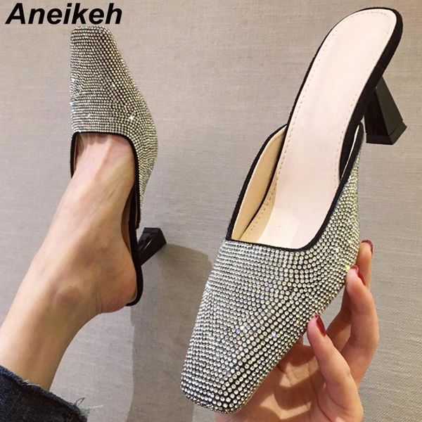 

aneikeh spring fashion glitter sequined cloth square head women's pumps stilettos high heels ladies slingbacks party shoes, Black