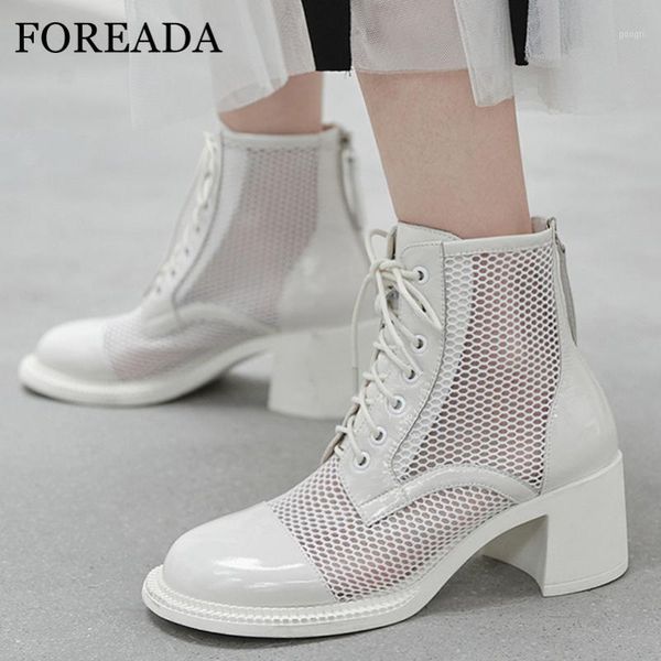 

boots foreada natural genuine leather ankle woman zip high heel short lace up cutouts block ladies shoes summer beige1, Black