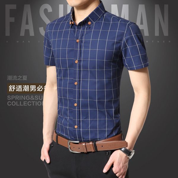 

brand men's slim short sleeve plaid shirt for male cotton, White;black