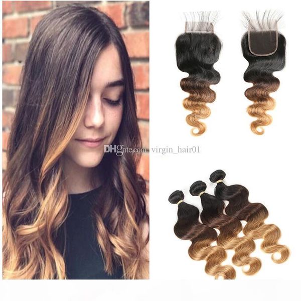 

brazilian body wave human remy hair weaves 3 bundles with closure ombre 1b 4 27 color double wefts hair extensions and lace closure, Black;brown