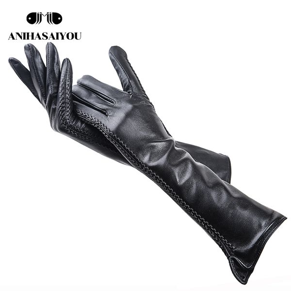 

women' winter gloves,sheepskin women' long gloves, genuine women' leather gloves,40cm long leather gloves -2227 201020, Blue;gray