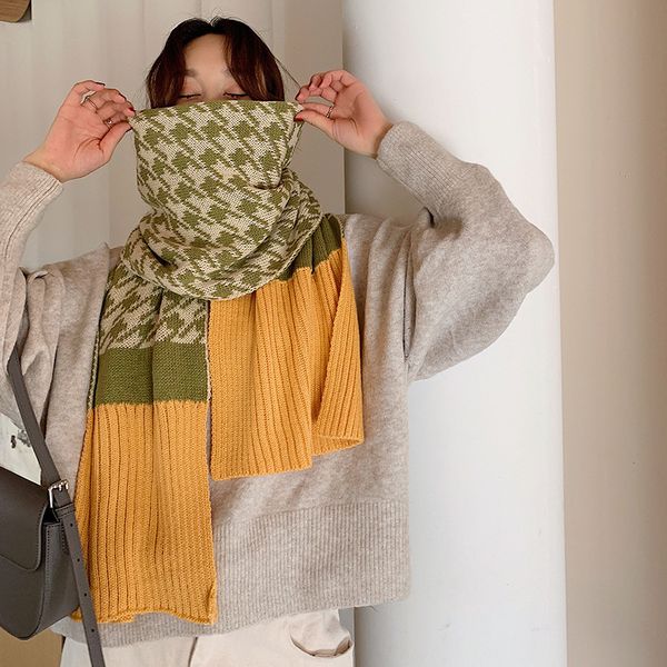 

korean fashion autumn winter new warm scarf female wild houndstooth knitted wool student bib dual-use shawl, Blue;gray
