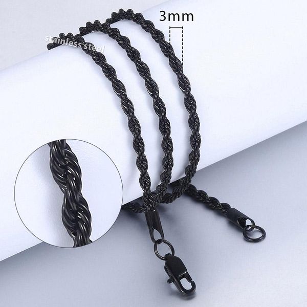 

chains 3mm wide mens twisted rope link chain black color stainless steel necklace male fashion jewelry daily wear dkn403, Silver