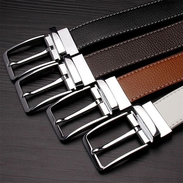 

double-sided cow reversible genuine leather men belts dressbuckle cowskin casual belts business pin man belt 201106, Black;brown
