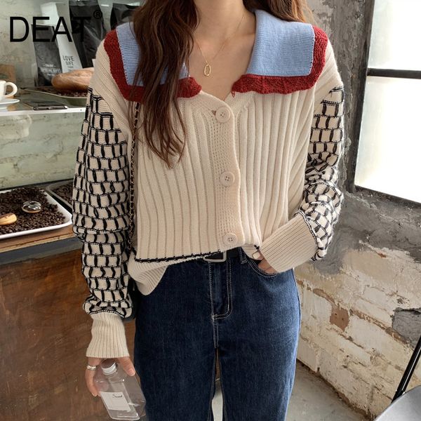 

deat] plaid hit color knitting cardigan sweater loose fit peter pan neck long sleeve women new fashion tide spring 2020 13p546 c1024, Black