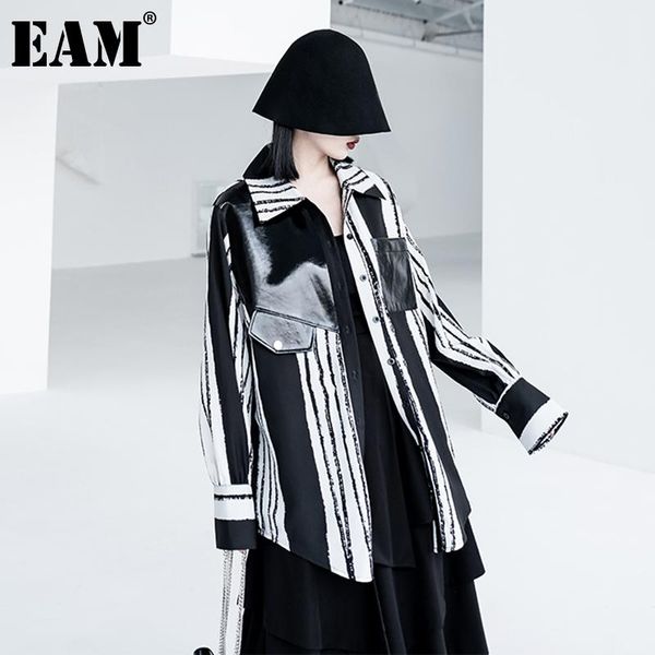 

eam] women black striped pu leather spliced blouse new lapel long sleeve loose fit shirt fashion spring autumn 2021 1dd5236, White