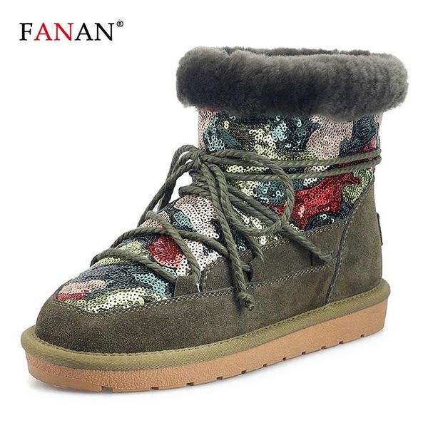 

fanan women snow boots 100% natural fur warm wool boots genuine leather sequins ankle booties for women black green