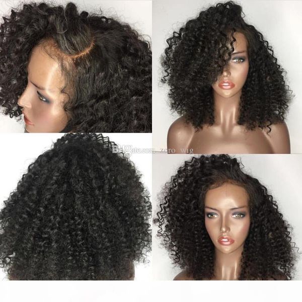 

afro kinky curly silk lace front human hair wigs virgin peruvian glueless full lace wig human hair color #1b for black women, Black;brown