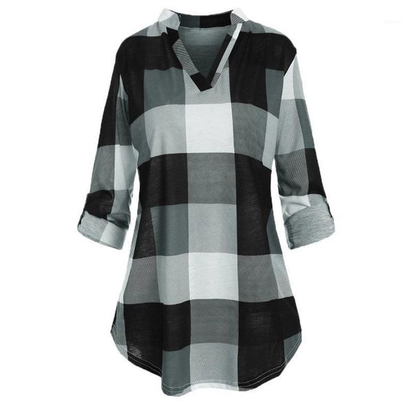 

blouse et chemisier femme vintage plus size plaid women roll up sleeve v-neck checked plaid printed blouse women's shirt1, White