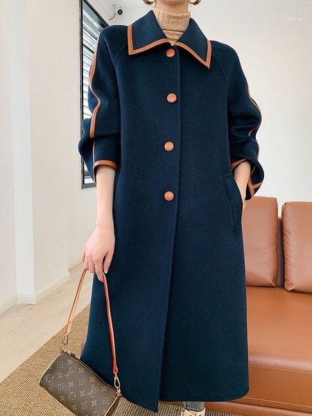 

danyafei] leather buckle design double sided cashmere coat women's single breasted slim fit woolen cloth1, Black