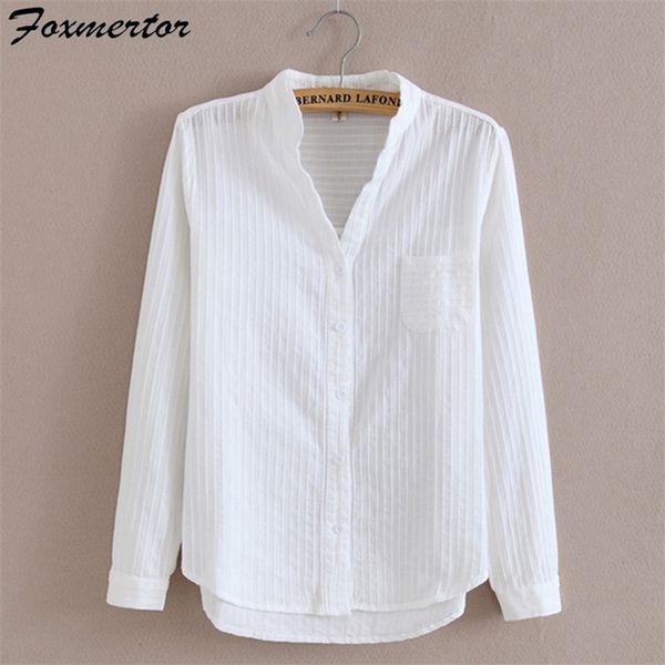 

mertor 100% cotton shirt white blouse spring autumn blouses shirt long sleeve casual solid pocket blusas #66 220312