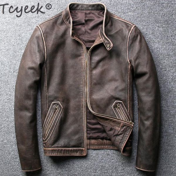 

tcyeek winter autumn genuine leather jacket men streetweaar real sheepskin coat man moto biker vintage cow leather jackets 805, Black