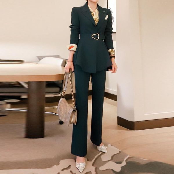 

women's two piece pants vintage pieces set women blazer lace up notched & dark green pant suits female trouser suit 2021spring, White