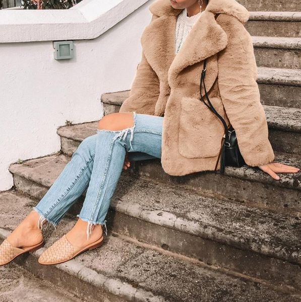 

women's plush warm imitation fur thicken jackets streetwear lapel neck loose with pocket long sleeve winter coat, Black;brown