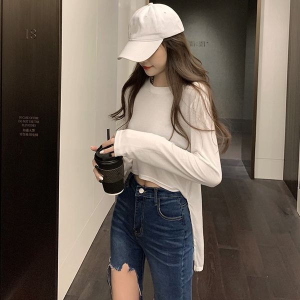 

2020 summer new loose sleeve sun proof bottom thin front short back long white t-shirt for women