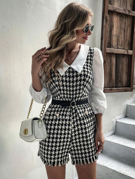 

plaid pattern puff sleeve raw hem tweed romper without belt f4kq#, White