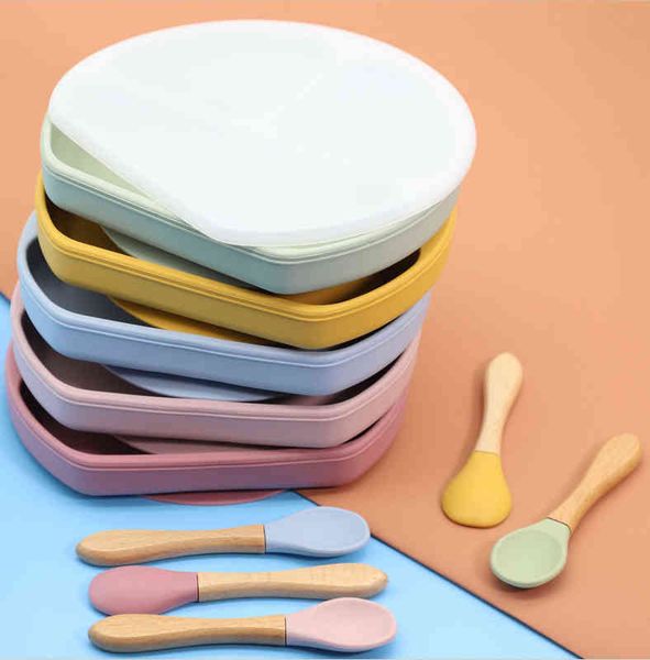 

baby feeding plate food grade silicone baby plate bpa infant waterproof kid tableware plate children dishes sealed with lid g1221