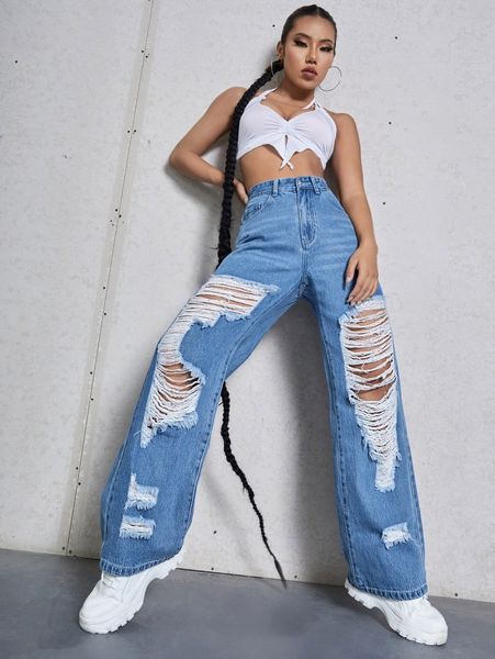

high waist ripped jeans 67wx#, Blue