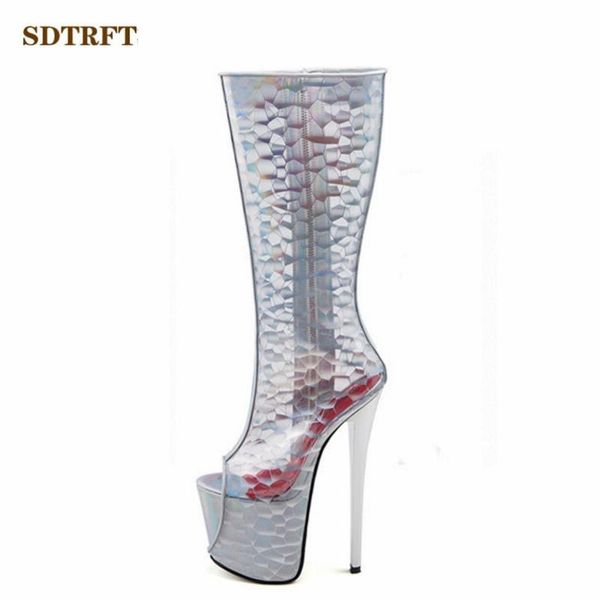 

sdtrft plus:34-48 49 50 women fashion show boots 19cm high thin heels bottes knee-high boots peep toe platform botas mujer pumps, Black