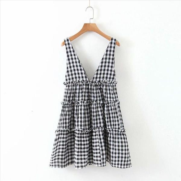

2020 women deep v neck plaid print agaric lace sling mini dress ladies sleeveless vest vestidos chic casual dresses ds3527, Black;gray