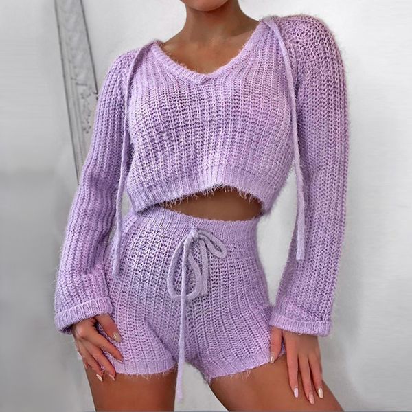 

casual fashion 2 pcs women set hooded long sleeve loose knitted + high waist hip elastic wide leg shorts wild suit 2020
