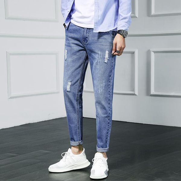 

men's jeans for mens slim fit pants classic male denim designer trousers casual skinny straight elasticity h816, Blue