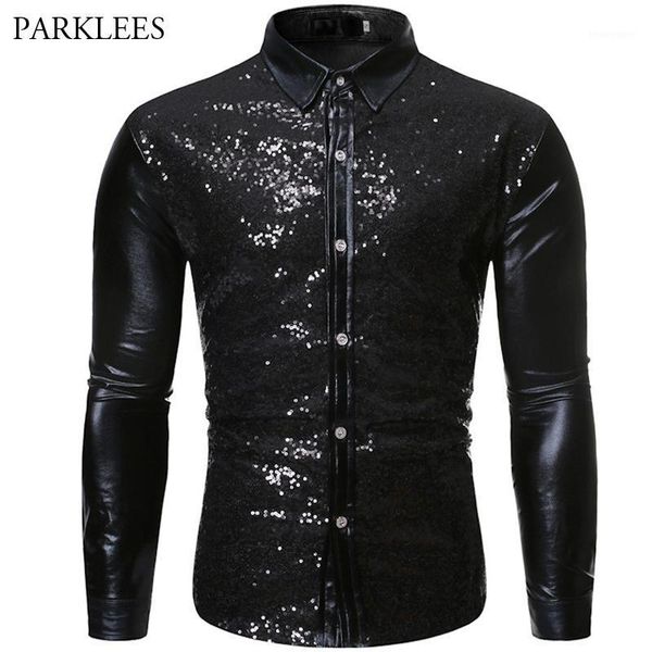 

men's casual shirts embellished glitter sequins shirt men 2021 black mens metallic disco club halloween costume chemise homme stage shi, White;black
