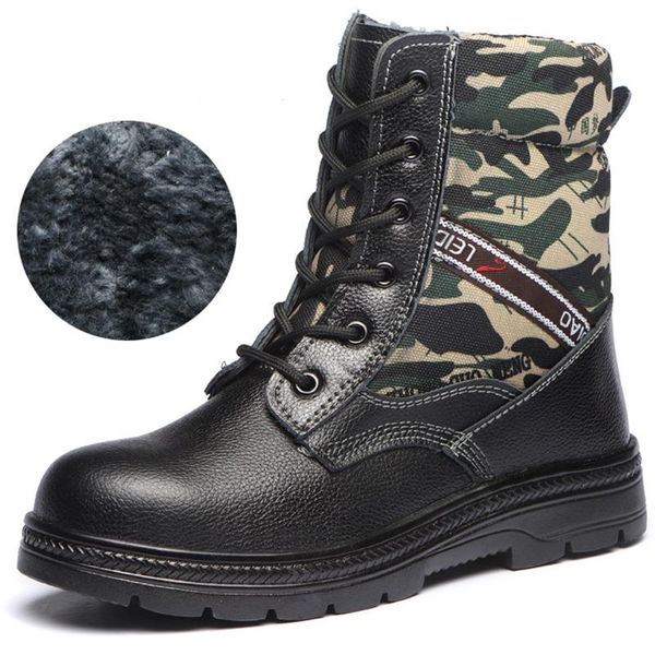

winter boots men safety shoes camouflage boots steel toe shoes plush warm work outdoor male snow boot, Black