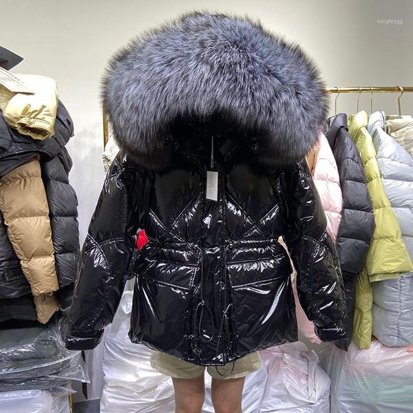 

2020 new winter women bright color big fur collar hooded white duck down coats loose parka female elastic waist jacket s821, Black