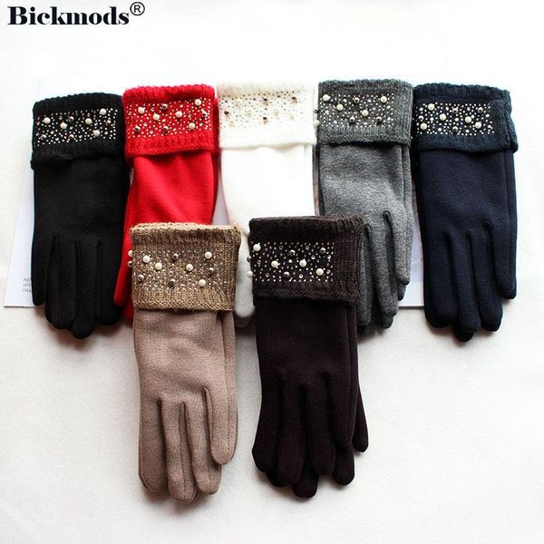 

five fingers gloves women' cotton knitted with sleeves, rhinestones and beads style elastic spring autumn warmth finger, Blue;gray