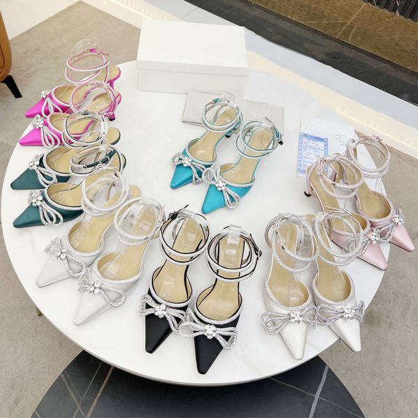 

brand designer women sandals exquisite bright rhinestone chains pointed toes ankle strap high heels shoes fashion wedding party girls slides, Black