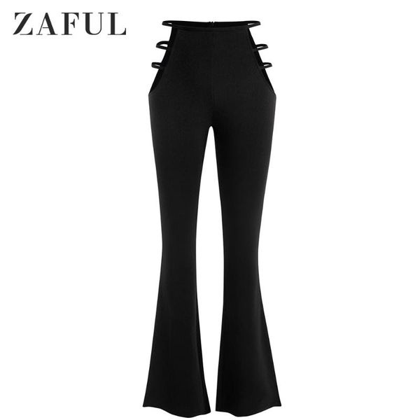 

zaful boot cut pants women high waist vintage plaid trousers fhasion textured ladder cutout ladies stretch zipper autumn pants, Black;white