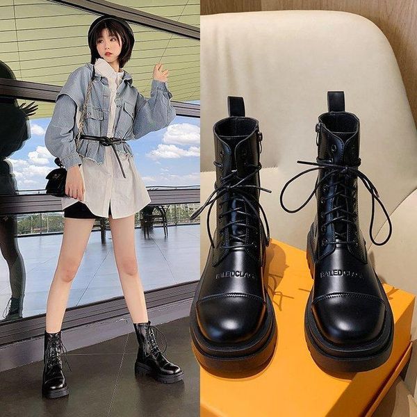 

boots korean fashion trend of autumn 2021 casual thick bottom lace up rubber mid-calf hoof heels black